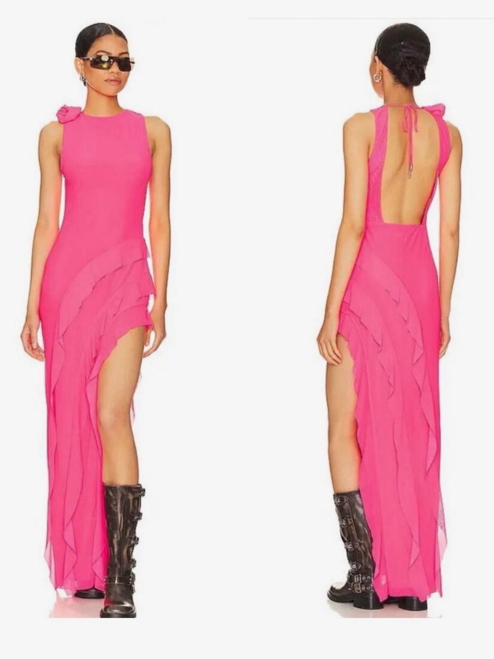 NWT AFRM Hot Pink Airess Ruffled Open-Back Maxi Dress